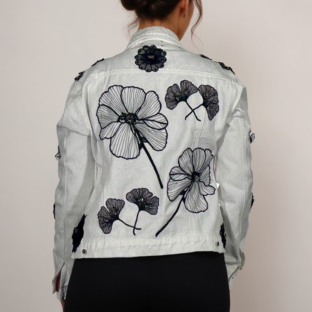 White Denim Jacket Hand Embellished with Black Floral Appliqué and Beads